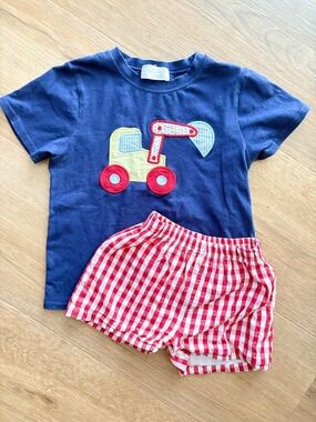 Cecil and Lou Boys Navy Excavator Applique T-Shirt and Red Gingham Shorts Set 4